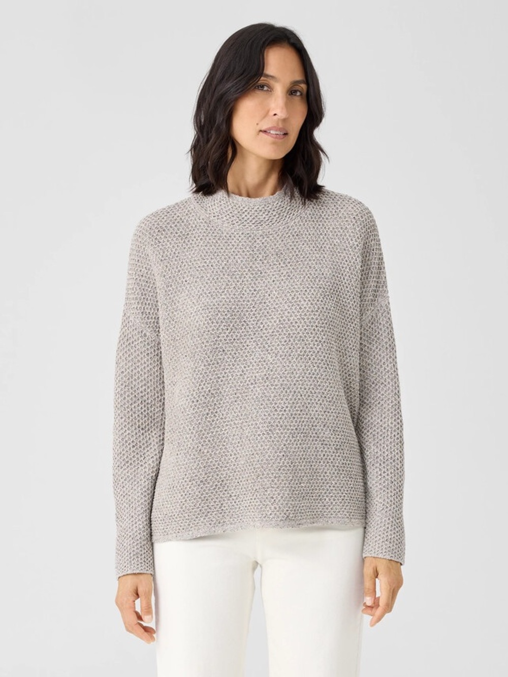 Eileen Fisher Light Gray Textured Mock Neck Sweater 100% silk